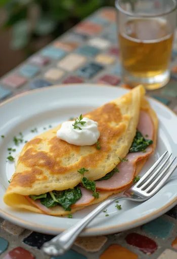 Frissen készült francia sós crêpe sonkával és sajttal töltve