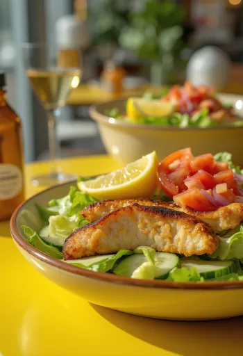 Friss csirkesaláta ropogós zöldségekkel és grillezett csirkemellel, balzsamecetes öntettel.