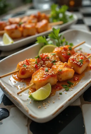 Édes-savanyú satay, grillezett csirke nyársak friss zöldségekkel