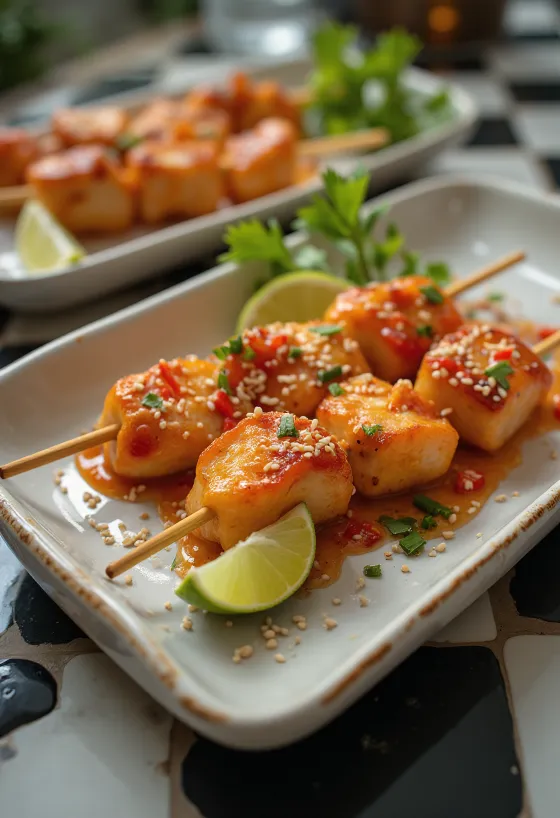Édes-savanyú satay, grillezett csirke nyársak friss zöldségekkel