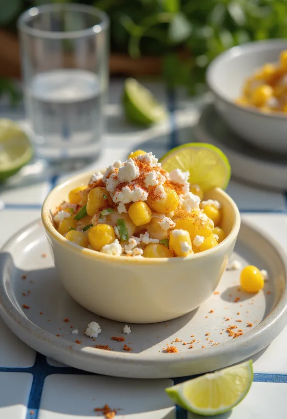 Esquites feta sajttal és korianderrel tálalva, friss lime ízesítéssel