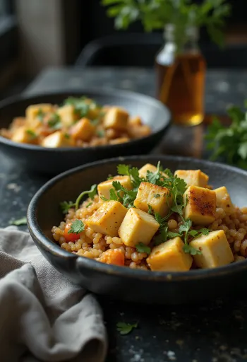Fokhagymás quinoa wok tahini tofuval tálalva