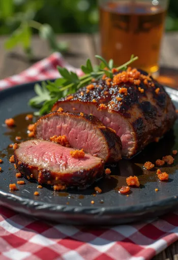 Füstölt BBQ bélszín chilis mázban tálalva