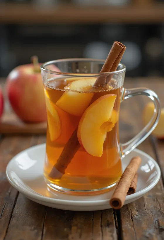 Karamellás-almás tea fahéjrúddal és almaszeletekkel