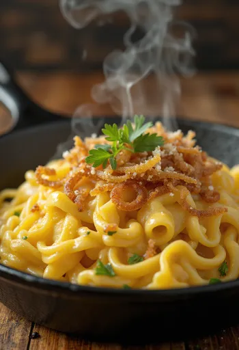 Käsespätzle, osztrák sajtos tészta füstölt sonkával és pirított hagymával