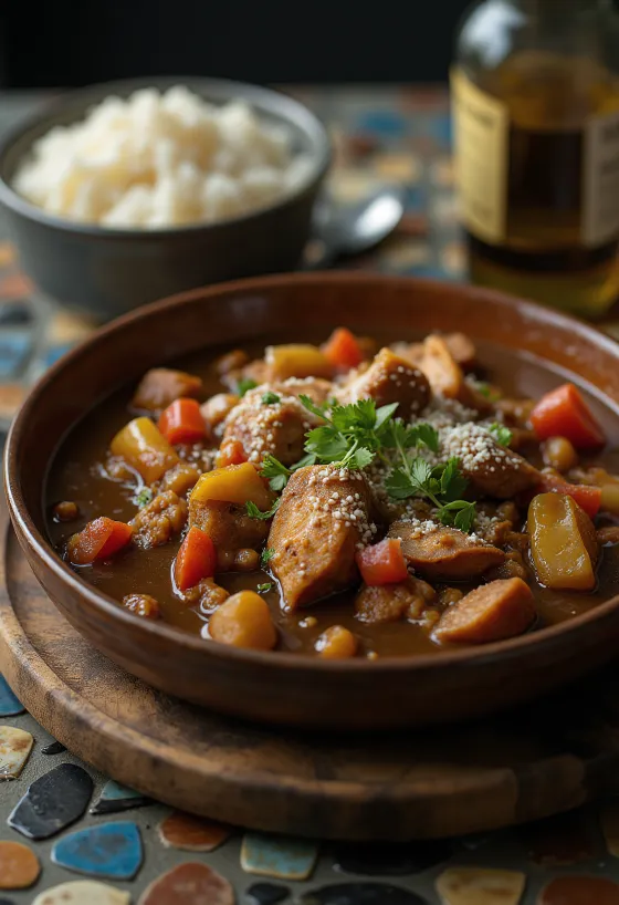 Klasszikus gumbo leves csirkével és kolbásszal, friss petrezselyemmel díszítve