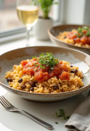 Koshari fűszeres olívaolajjal, egyiptomi étel rizsből, lencséből és makaróniból, gazdag fűszeres olívaolajjal és paradicsomos szószban