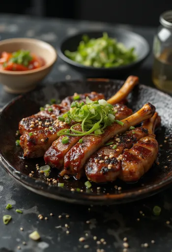 LA Galbi, szezámmagos, sült marhahús rövidbordák lime-mal és zöldhagymával díszítve