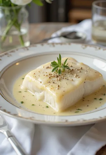 Lutefisk tejszínes mártással, tálalva friss petrezselyemmel