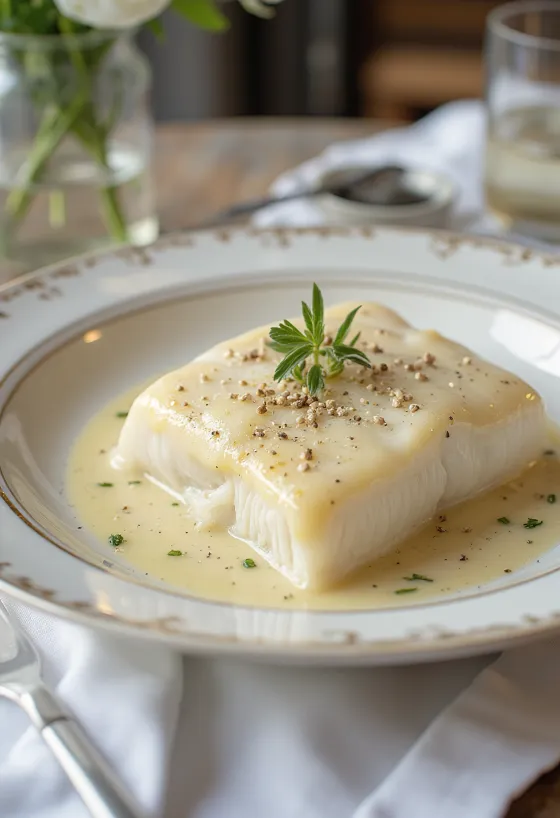 Lutefisk tejszínes mártással, tálalva friss petrezselyemmel