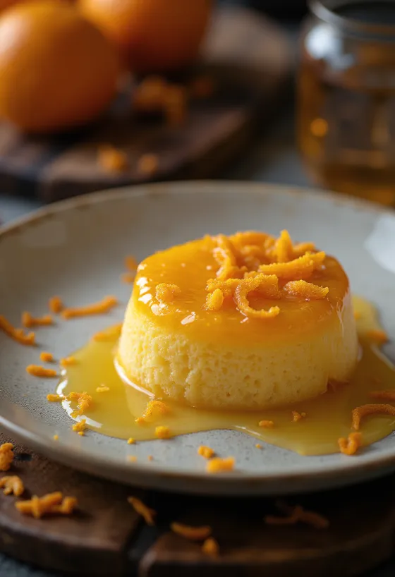 Malva pudding narancsos ízesítéssel, narancslekvárral és narancs szeletekkel díszítve