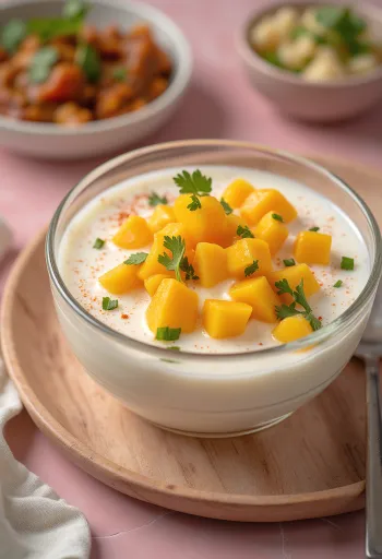 Mangós raita, friss menta levelekkel tálalva