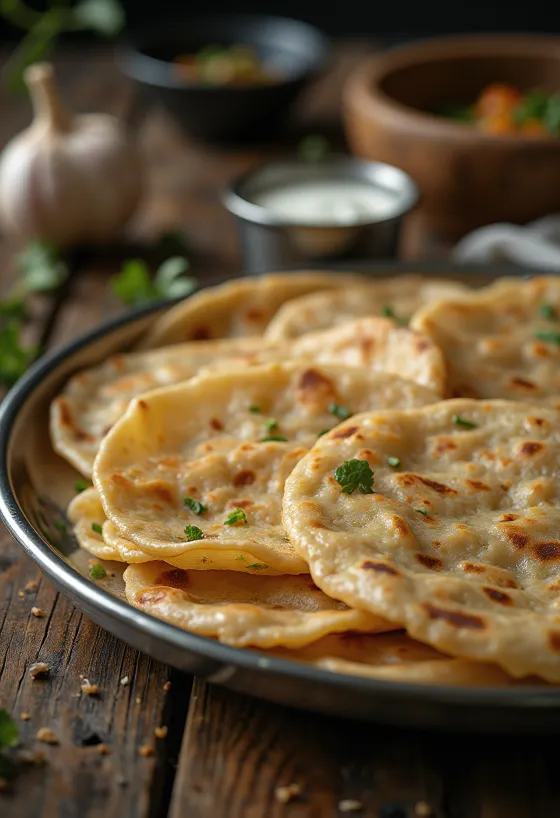 Masala thepla, indiai fűszeres lepény friss korianderrel tálalva