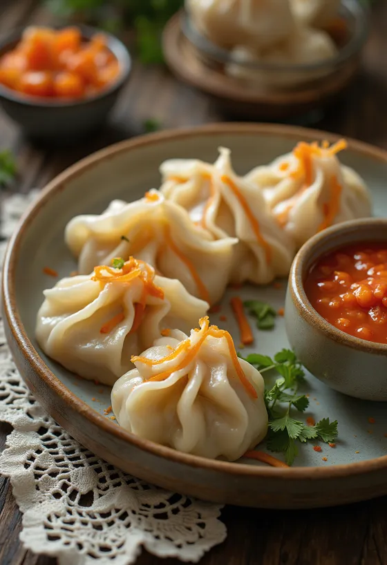 Chili szósszal töltött momo gőzölve, tálalva