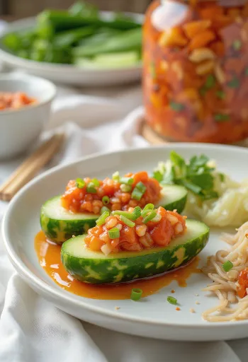 Oi sobagi, töltött uborka kimchi tálalva