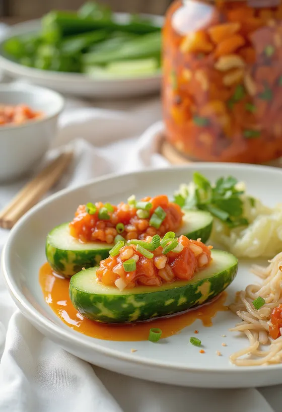 Oi sobagi, töltött uborka kimchi tálalva