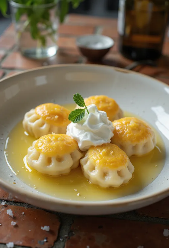 Orosz túrós pelmeni tejföllel tálalva
