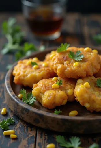 Pakora kukoricával, aranybarna és ropogós falatkák tálalva
