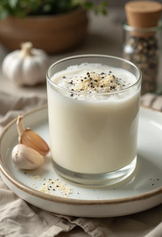 Pohár probiotikus fokhagyma-borsos kefir világos árnyalatú, sós ital formájában