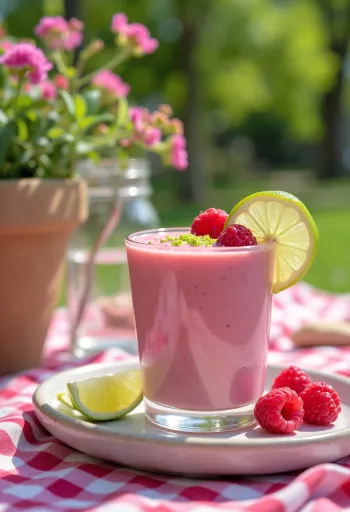 Málna-lime kefir ital poharakban tálalva, világos rózsaszín árnyalat, málnaszemekkel és lime héjjal