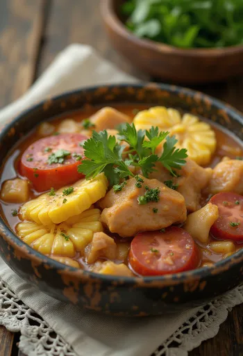 Puchero filipino, gazdag zöldségekkel, chorizóval, banánnal és káposztával tálalva