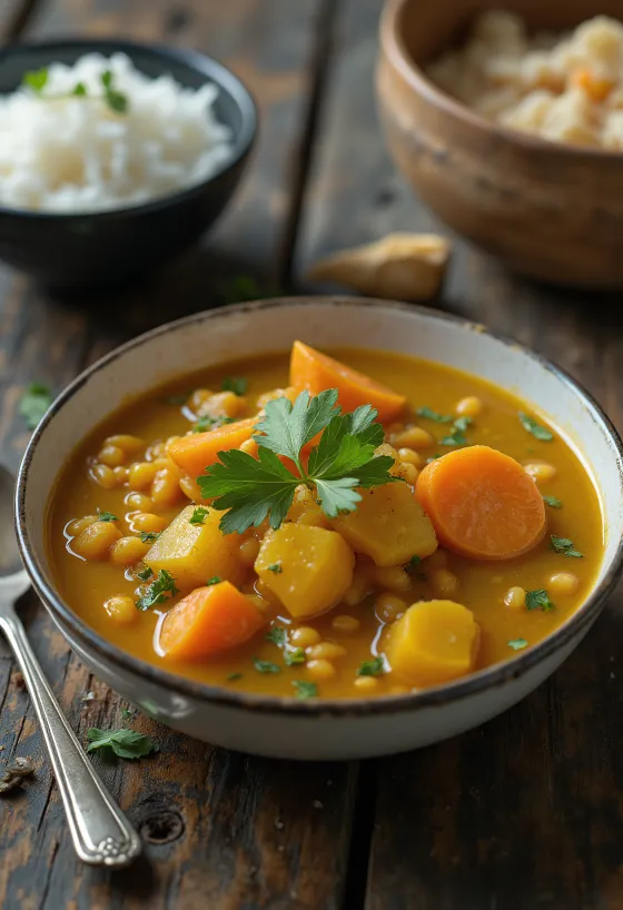 Sambar kókuszos változatban, friss korianderrel díszítve