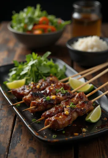 Sate Kambing fokhagymás páccal, frissen grillezett húsok fapálcikán