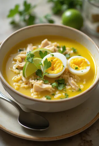 Soto ayam lime-mal tálalva, friss lime-mal és főtt tojással