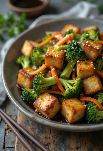Sült tofu brokkoli salátával tálalva