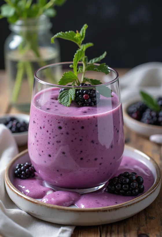 Szedres-mentás smoothie pohárban, friss mentával és szederrel díszítve