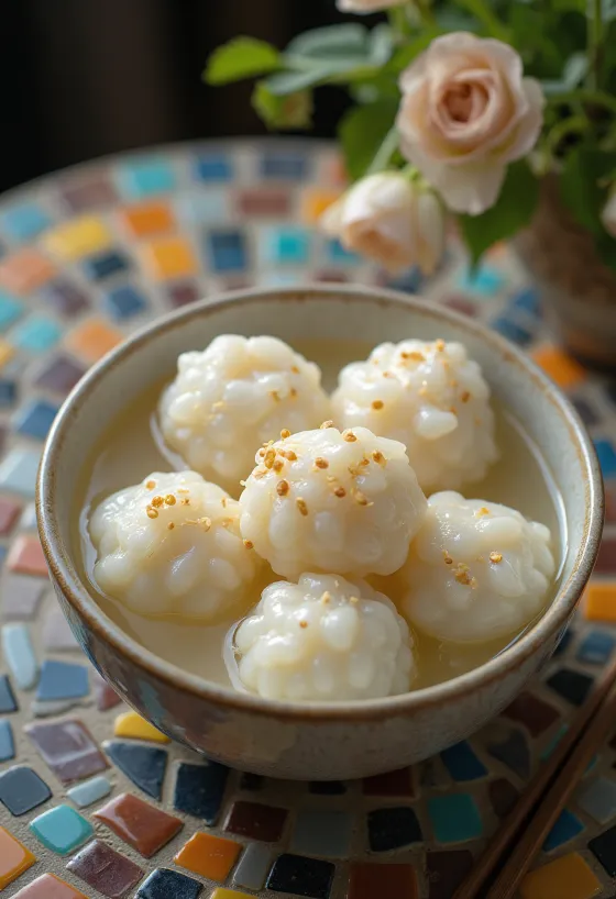 Szezámmagos Tangyuan, kínai édesség rizsliszt gombócokkal és szezámmaggal