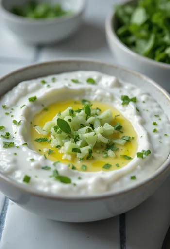 Uborkás raita tálalva, joghurtos és frissítő szósz uborkával