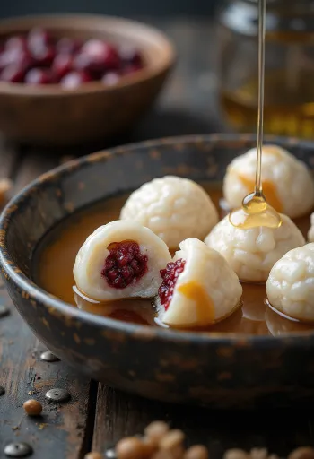 Vörösbabpürés tangyuan, szezámolajjal és cukorral tálalva