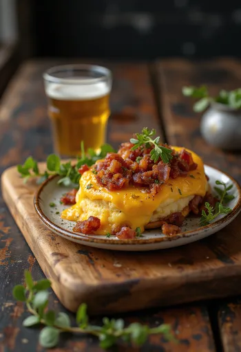 Welsh rarebit baconnel tálalva, sajtos szószban, pirítós kenyér tetején, ropogós bacon darabokkal