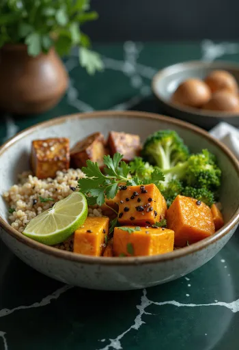 Zöldséges tofu Buddha-tál korianderrel tálalva