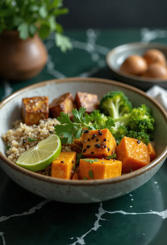 Zöldséges tofu Buddha-tál korianderrel tálalva