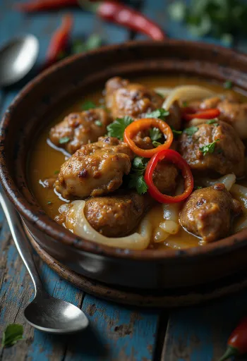 Adobo kókusztejjel, gazdag, fűszeres étel tálalva rizssel és korianderrel