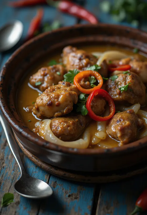 Adobo kókusztejjel, gazdag, fűszeres étel tálalva rizssel és korianderrel