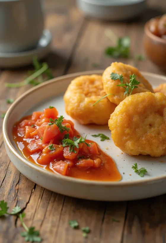Akara falatkák fűszeres mártással, korianderrel díszítve