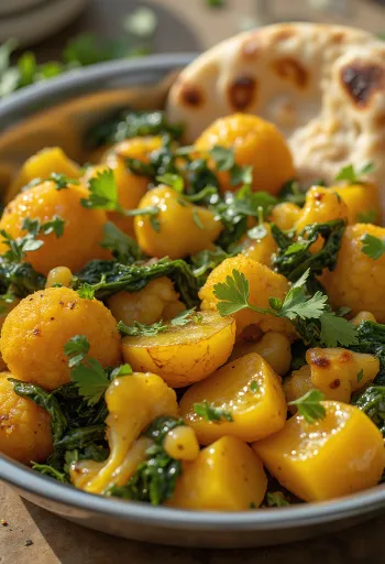 Aloo Gobi spenóttal, fűszeres zöldségek és friss spenót