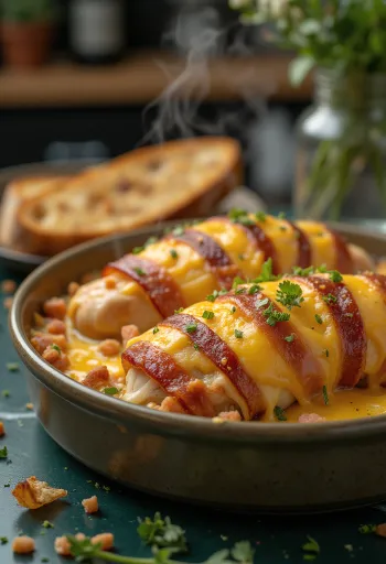 Baconös csirkemell friss zöldekkel tálalva