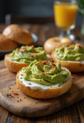 Bagel avokádóval és krémsajttal, friss lime-lével és chilipehellyel díszítve