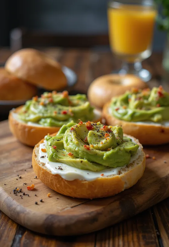 Bagel avokádóval és krémsajttal, friss lime-lével és chilipehellyel díszítve