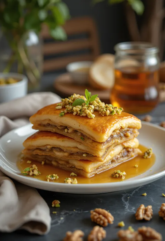 Baklava pancake mézes-diós és pisztáciás rétegekkel tálalva