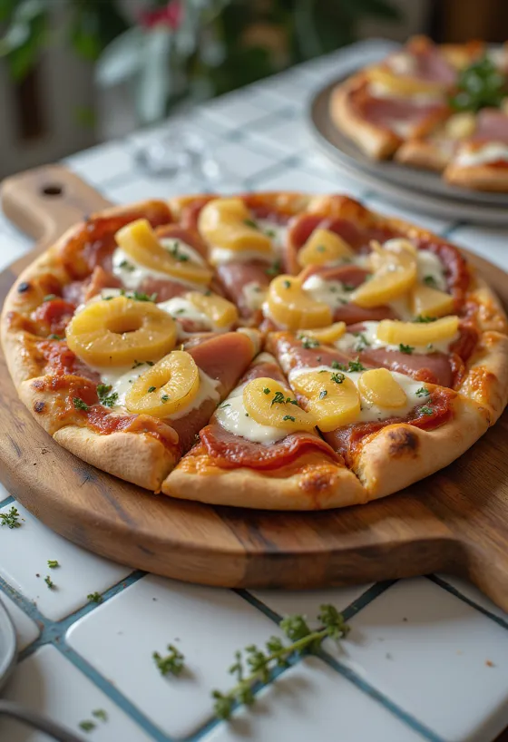 BBQ szószos Hawaii pizza tálalva