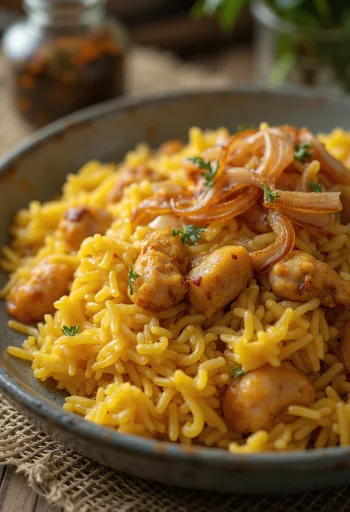 Biryani tálalva korianderrel és sáfránnyal