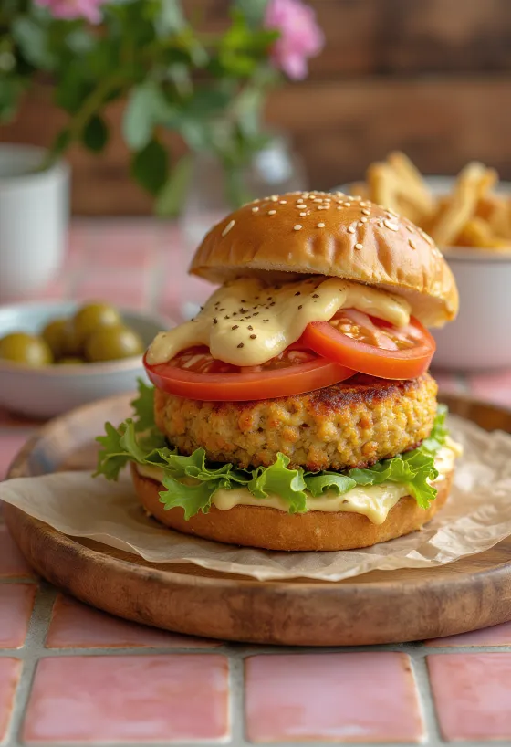 Csicseriborsó burger friss zöldségekkel