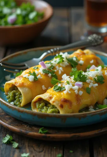 Enchilada zöldségekkel, zöld enchilada szósszal és friss korianderrel