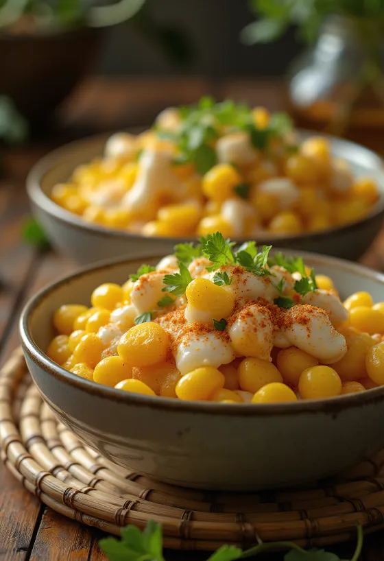 Esquites vajjal, frissen tálalva