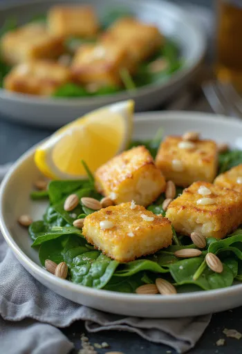 Fokhagymás tofu spenótos salátával tálalva, friss és ropogós zöldségekkel